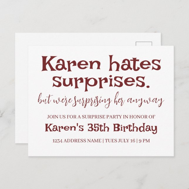 Funny Hates Surprises Party Modern Add Details Postcard (Front/Back)