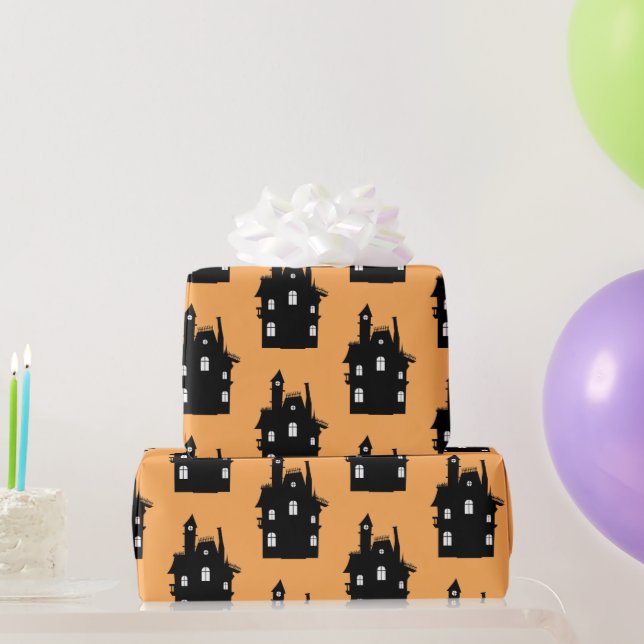 Funny Haunted House Black & Orange Kids Halloween Wrapping Paper (Party Gifts)