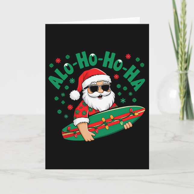 Funny Hawaiian Alo-ho-ho-ha Santa Surfing Christma Card (Front)