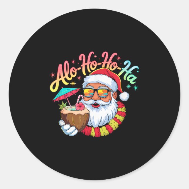 Funny Hawaiian Alo-ho-ho-ha Santa Surfing Christma Classic Round Sticker (Front)