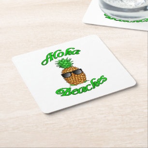Funny Hawaiian Pineapple Aloha Beaches Square Paper Coaster