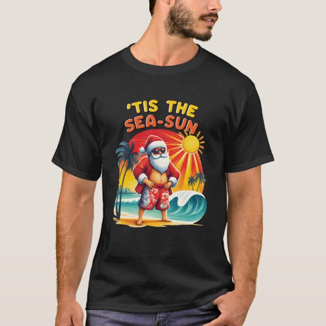 Funny Hawaiian Santa Beach Tropical Christmas Holi T-Shirt (Front)