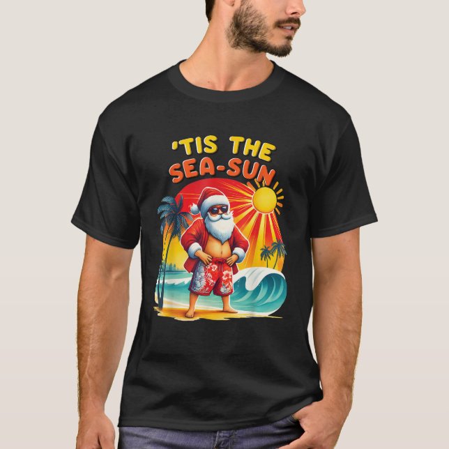 Funny Hawaiian Santa Beach Tropical Christmas Holi T-Shirt (Front)