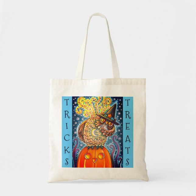 FUNNY HEADLESS HORSEMAN HOOT OWL, TRICK OR TREAT TOTE BAG (Front)