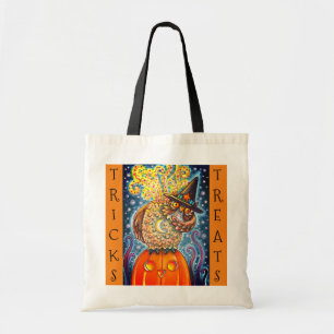 FUNNY HEADLESS HORSEMAN HOOT OWL, TRICK OR TREAT TOTE BAG