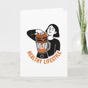 Funny Healthy Lifestyle Burger Blender Linocut Card