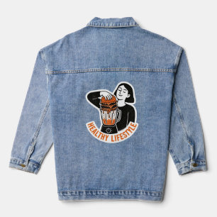 Funny Healthy Lifestyle Burger Blender Linocut Denim Jacket