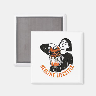 Funny Healthy Lifestyle Burger Blender Linocut Magnet