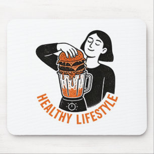 Funny Healthy Lifestyle Burger Blender Linocut Mouse Mat
