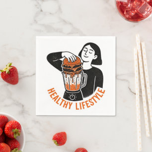 Funny Healthy Lifestyle Burger Blender Linocut Napkin