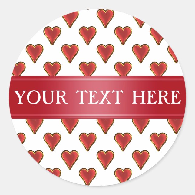 Funny Heart Pattern gold red + your backgr. & text Classic Round Sticker (Front)