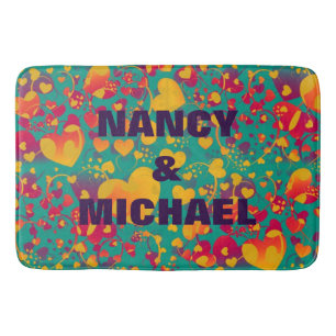 Funny Heart Pattern IX - green red yellow Bath Mat