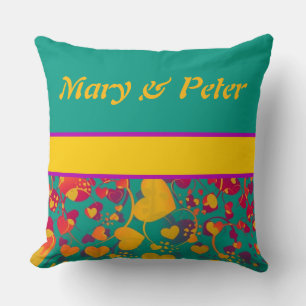 Funny Heart Pattern IX - green red yellow + names Cushion