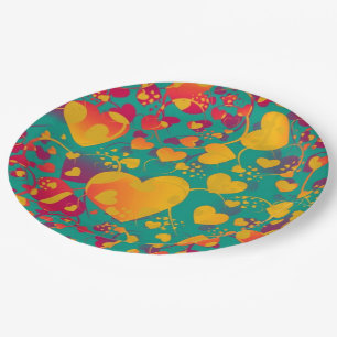 Funny Heart Pattern IX - green red yellow Paper Plate
