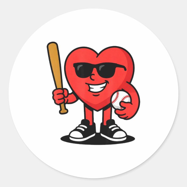 Funny Heart Playing Baseball Valentine Baseball Fa Classic Round Sticker (Front)