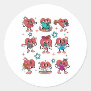 Funny Heart Reading Books Bookworm Valentines Day Classic Round Sticker