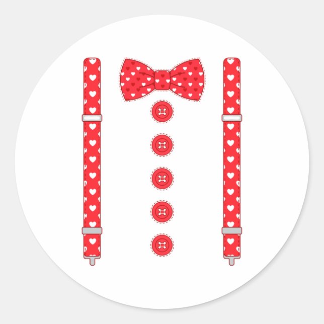 Funny Hearts Bow Tie Suspenders Valentine's Day Co Classic Round Sticker (Front)