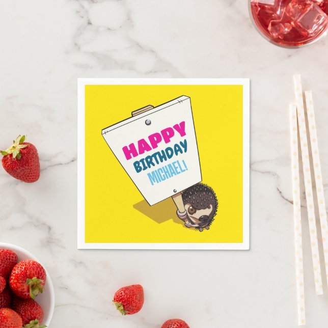 Funny Hedgehog Add The Name Happy Birthday Cartoon Napkin (Insitu)