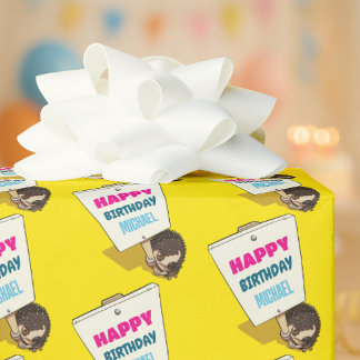 Funny Hedgehog Add The Name Happy Birthday Cartoon Wrapping Paper