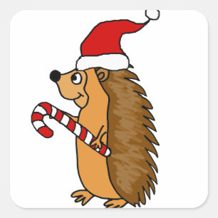 Funny Hedgehog in Santa Hat Christmas Art Square Sticker
