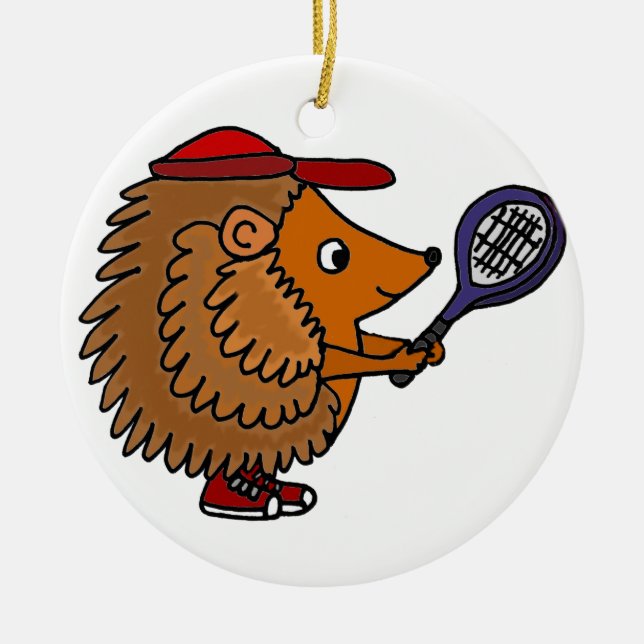 Funny Hedgehog with Blue Tennis Racket Ceramic Tree Decoration (Front)