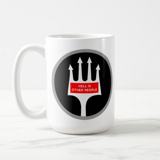 Funny hell is other people pitchfork nasty crowds coffee mug (Left)
