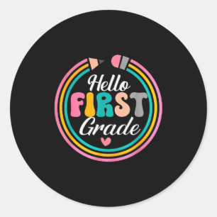 Funny Hello First Grade Pencil Circle Design  Classic Round Sticker