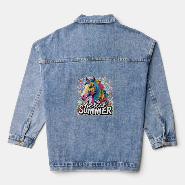 Funny Hello Summer Horse Denim Jacket (Back)