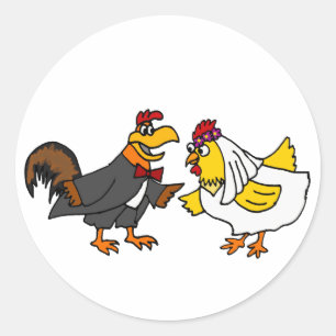 Funny Hen Bride and Rooster Groom Wedding Classic Round Sticker