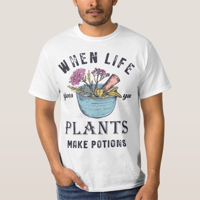 Funny Herbalist and Apothecarist Puns Make Potions T-Shirt (Front)