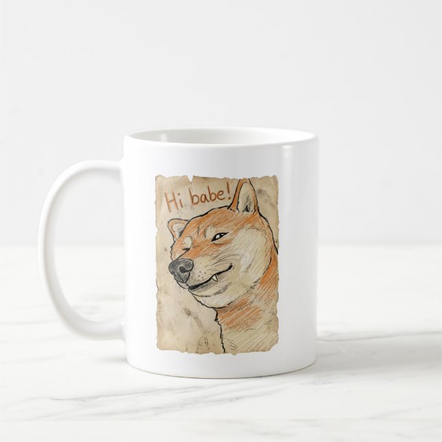 Funny "Hi Babe" Winking Shiba Inu Valentine's Art Coffee Mug (Left)