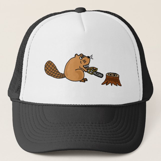 Funny High Tech Beaver with Chainsaw Trucker Hat (Front)