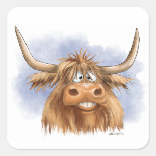 Funny Highland Cow cartoon Square Sticker