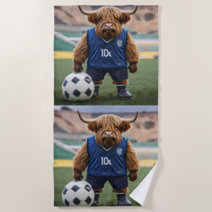 Funny Highland Cow Dressed For Soccer, Beach Towel
