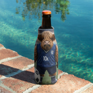 Funny Highland Cow Dressed For Soccer, Bottle Cooler