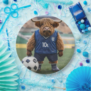 Funny Highland Cow Dressed For Soccer, Paper Plate