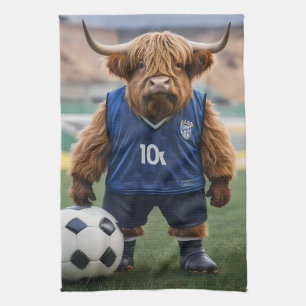 Funny Highland Cow Dressed For Soccer, Tea Towel