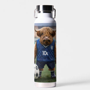 Funny Highland Cow Dressed For Soccer, Water Bottle