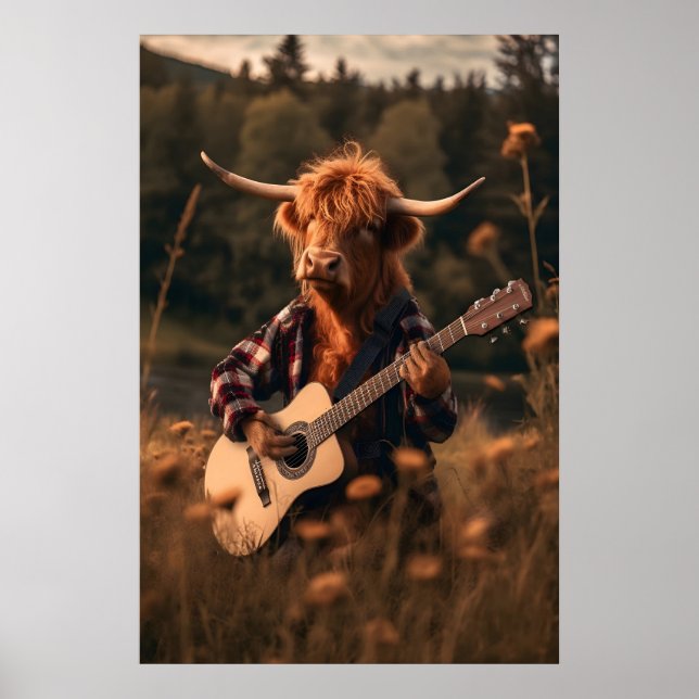 Funny Highland Cow Guitar Print, Farm Animal Art Poster (Front)