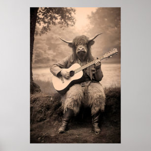 Funny Highland Cow Guitar Print Retro Animal AI
