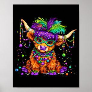 Funny Highland Cow Mardi Gras Beads Poster