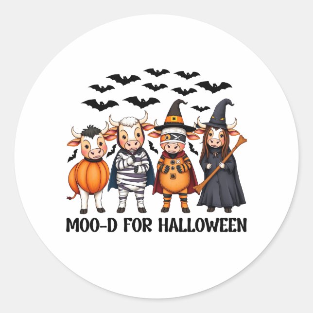 Funny Highland Cow Moo-d for Halloween Classic Round Sticker (Front)