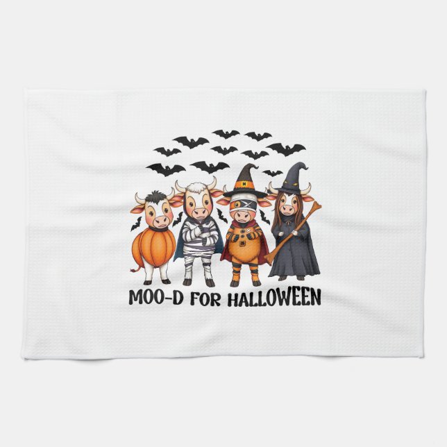 Funny Highland Cow Moo-d for Halloween Tea Towel (Horizontal)