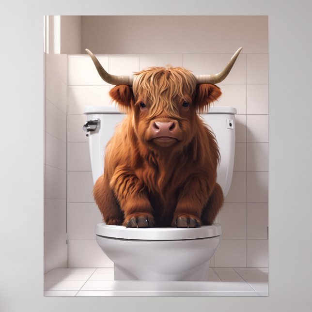 Funny Highland Cow on the Toilet Bathroom Poster (Front)