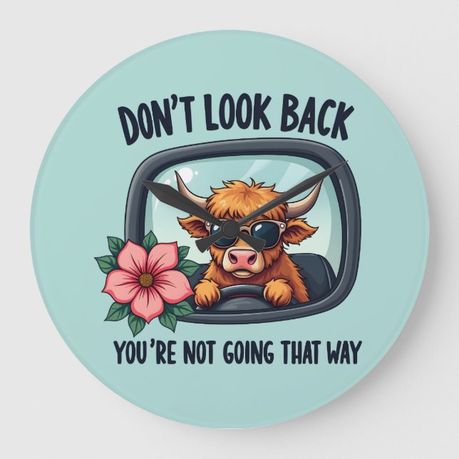 Funny Highland Cow Retro Western Motivational Art Large Clock (Front)