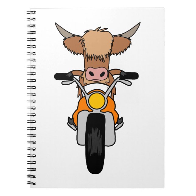 Funny Highland Cow Riding A Motorcycle Cartoon Notebook (Front)