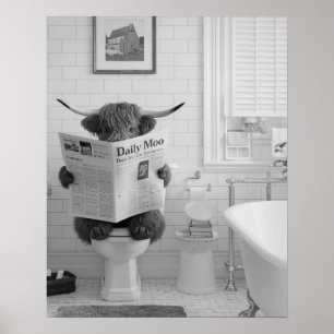 Funny Highland Cow Sitting on the Toilet Bathroom Poster