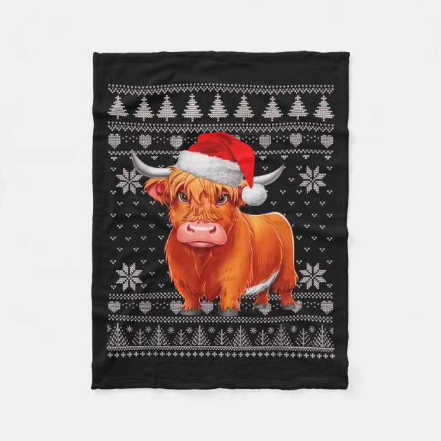 Funny Highland Cow Ugly Christmas Sweater Santa Xm Fleece Blanket (Front)