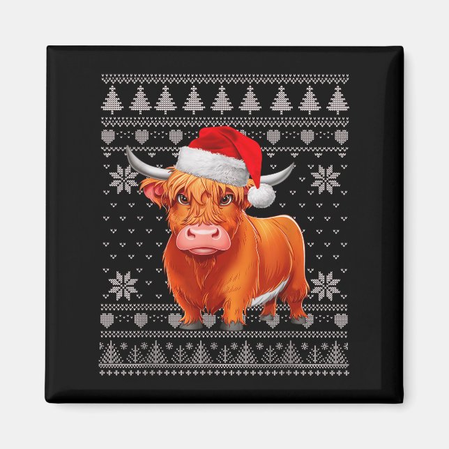 Funny Highland Cow Ugly Christmas Sweater Santa Xm Magnet (Front)