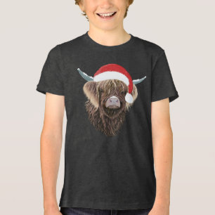 Funny Highland Cow Wearing A Christmas Santa Hat Tri-Blend Shirt